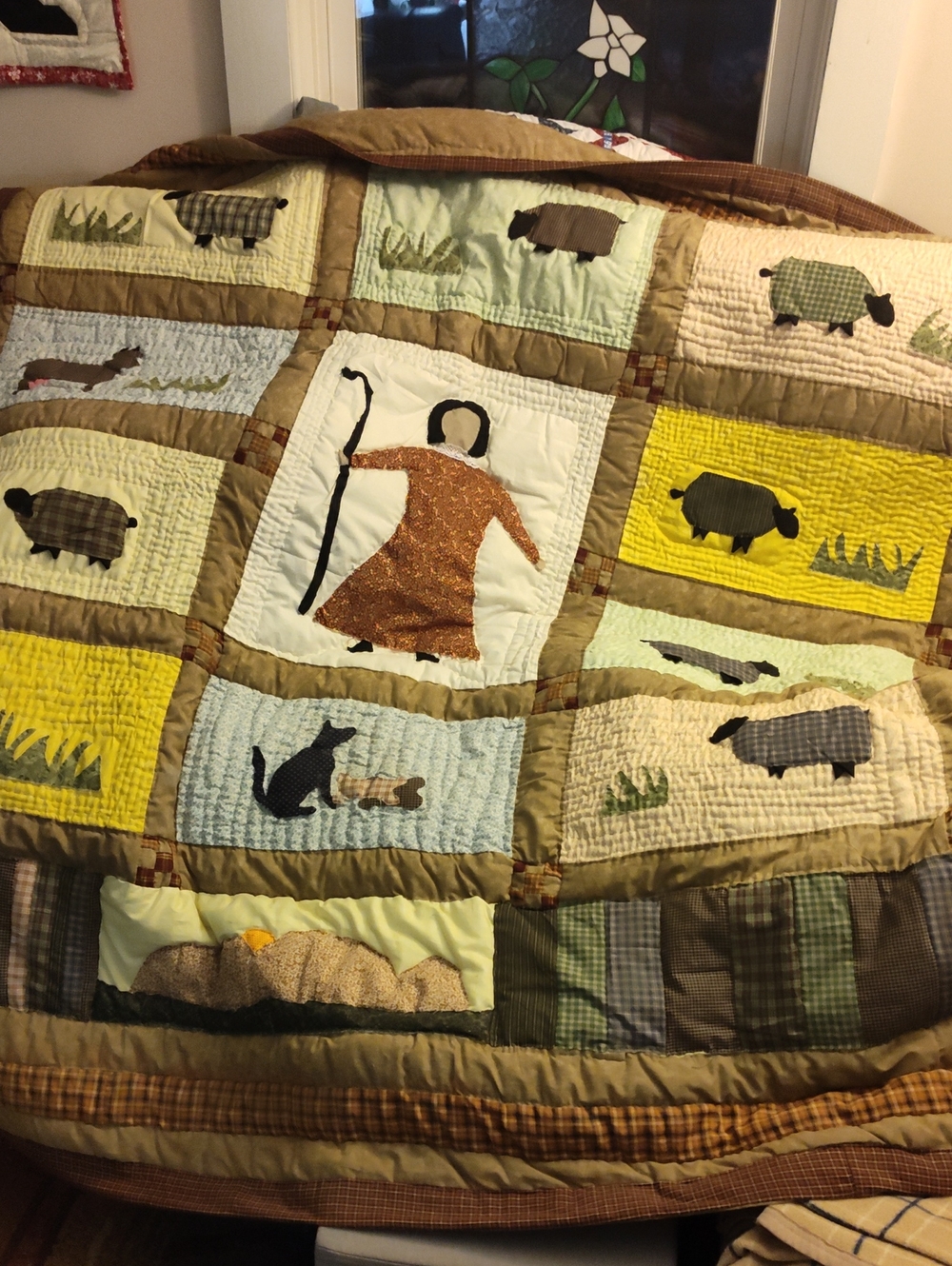 Rustic Shepherd Patchwork Quilt in Brown, Yellow & Cream All Handsewn